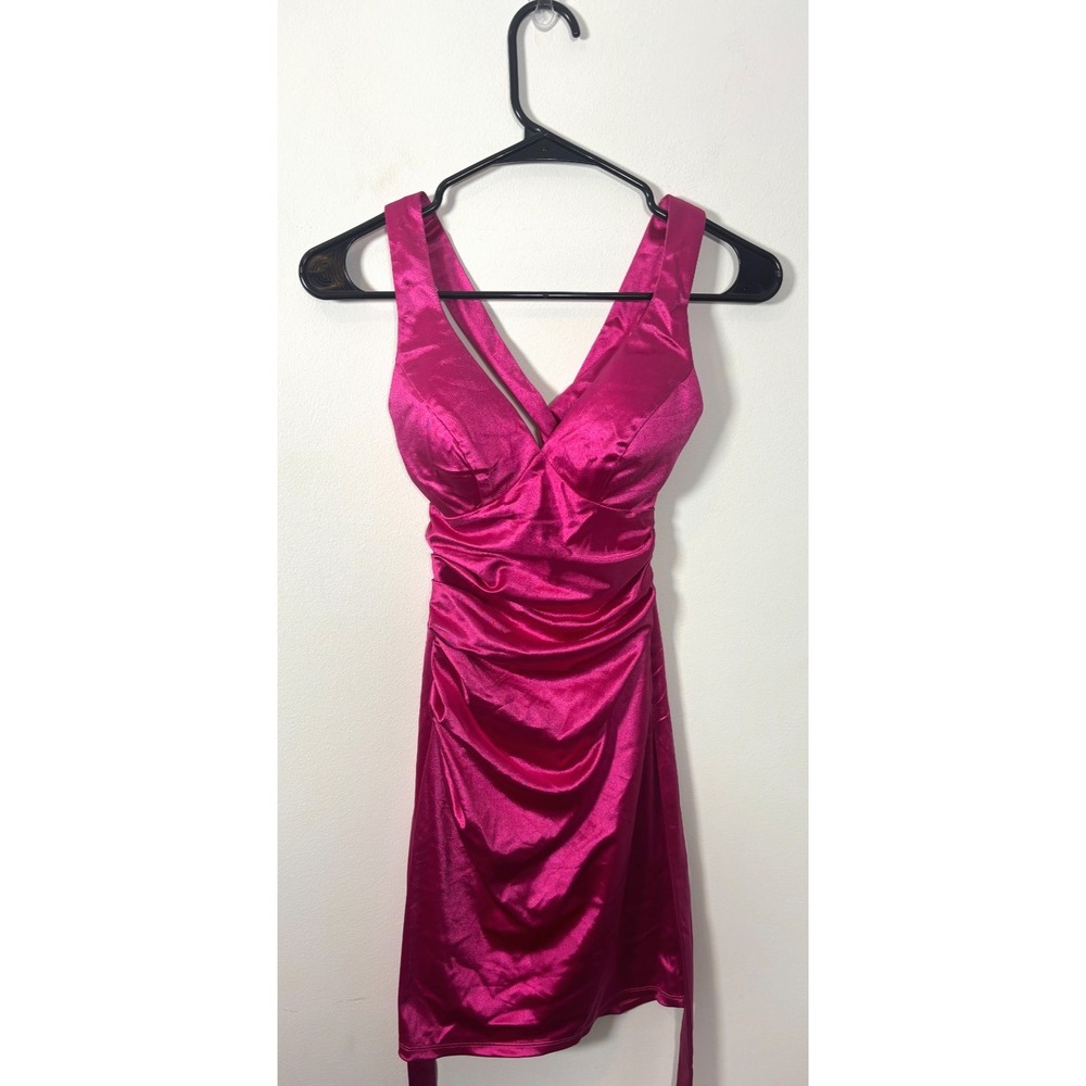 B.Darlin XXS Satin Hot Pink Club Mini Dress Strappy Back Padded Cups